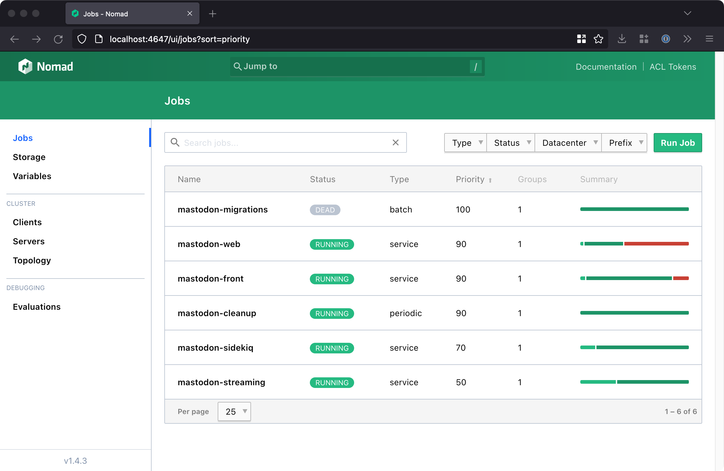 A screenshot of Nomad's web UI, showing it running the jobs that make up Mastodon